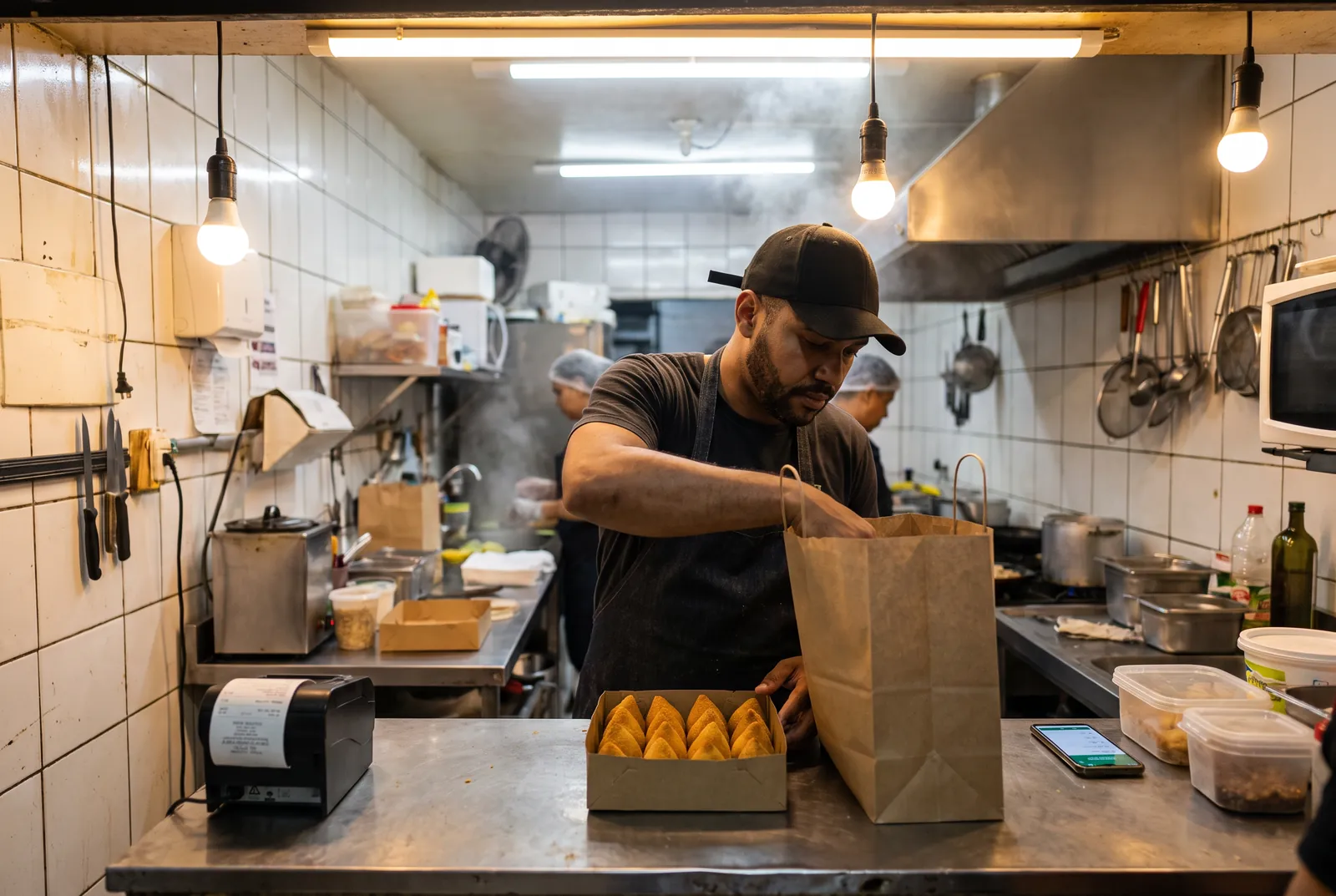 Atendente fechando a sacola de delivery com uma caixa de coxinhas